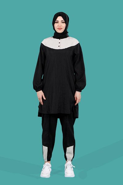 Beyza Black Hijab Tracksuit Set - Buttoned Tunic and Jogger Pants 4163