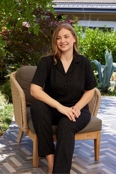 PİJAMOOD Black Cotton Pajamas Set - Short Sleeve, Button Front, Plus Size