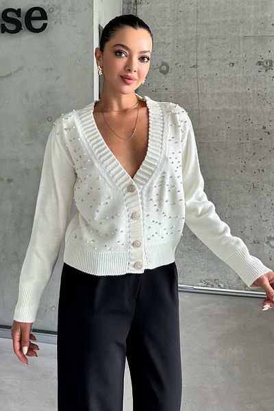 MODAGEN Weiße Damen-Strickjacke mit V-Ausschnitt und Perlendetails