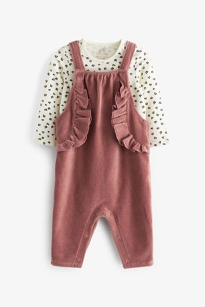 Next Baby 100% Cotton Dark Pink Frilly Salopet Bodysuit Set