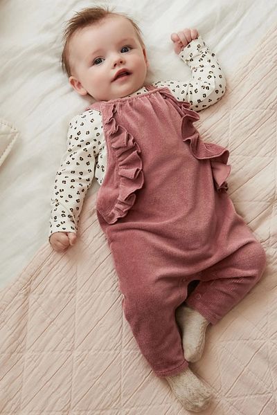 Next Baby 100% Cotton Dark Pink Frilly Salopet Bodysuit Set