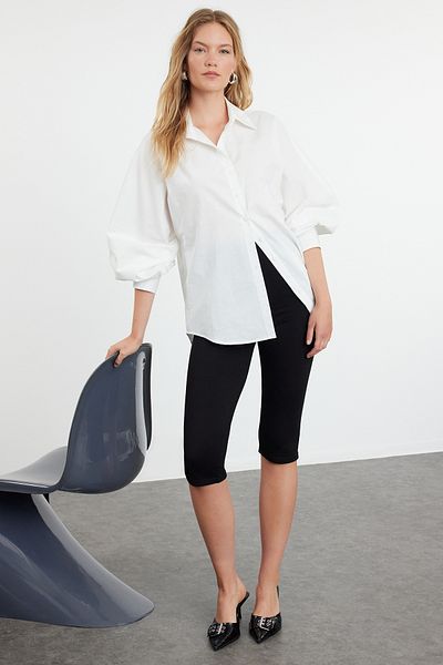 Trendyol Collection Oversize Ecru tkaná košile – balónový rukáv, široký střih TWOAW25GO00013