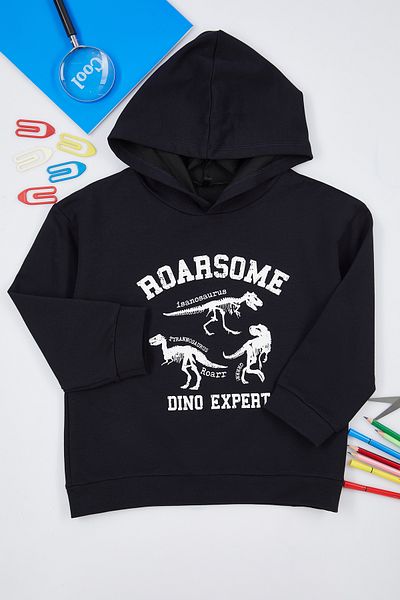 TRENDYOLKIDS Boy's Navy Blue Seasonal Hooded Sweatshirt - Thin Dinosaur Patterned Tkdaw25sw00004