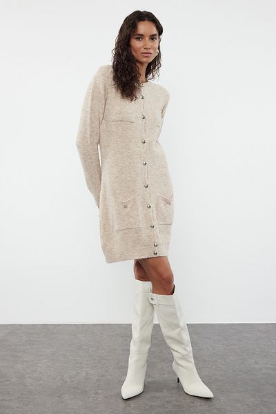 Trendyol Collection Μίνι Πλεκτό Μάλλινο Φόρεμα - Πέτρα, TWOAW25EL00018