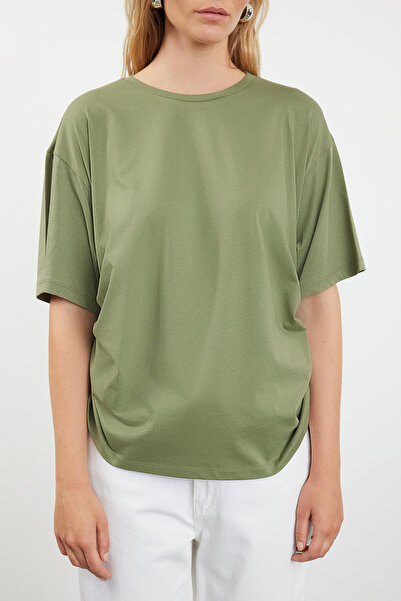 Trendyol Collection Χακί χρωματιστό 100% βαμβακερό μπλουζάκι μεγάλου μεγέθους - στάμπα πίσω και μπροστά, χαλαρή εφαρμογή TWOSS23TS00150