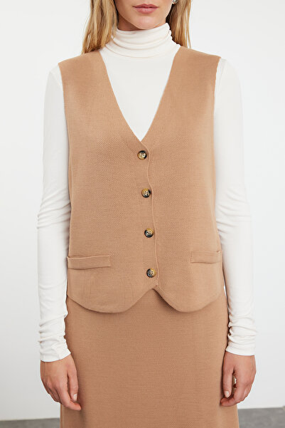 Trendyol Modest Set velbloudí pletené vesty a sukně - TCTAW25US00005