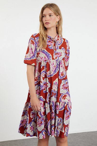 Trendyol Collection V-neck ruffle Skirt, Orange Floral Balloon Sleeve Midi Dress - TWOSS24EL01015