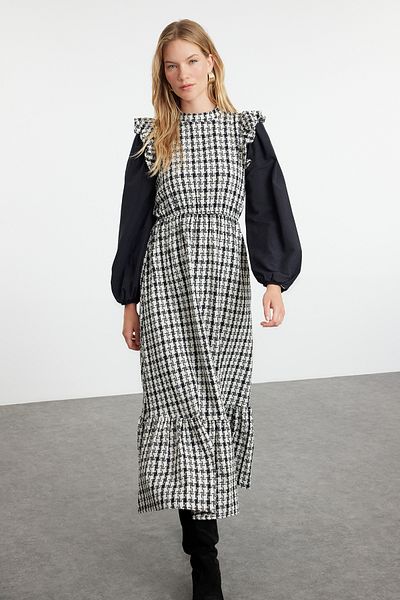 Trendyol Modest Ecru Tweed Dress with Poplin Sleeves - TCTAW25EB00060