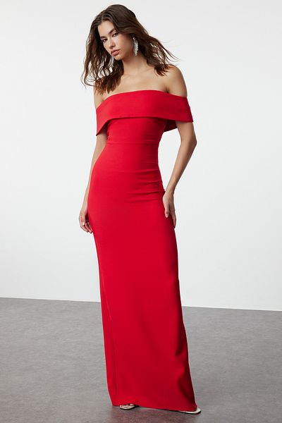 Trendyol Collection Carmen Collar Red Long Evening Dress - TPRSS24AE00253
