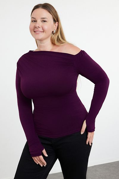 Trendyol Curve Plum Colored Knitted Blouse with One Shoulder - Plus Size TBBAW25AF00013
