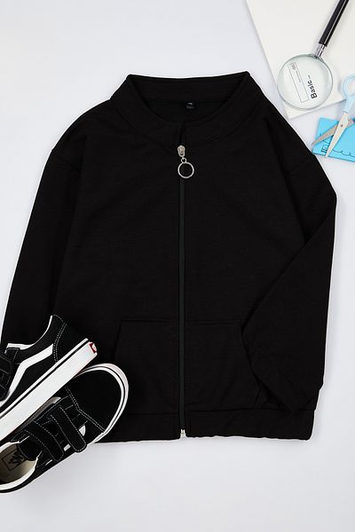 TRENDYOLKIDS Chlapecký černý pletený cardigan s kapucí – tenký zip, sezónní Tkdaw25hi00000