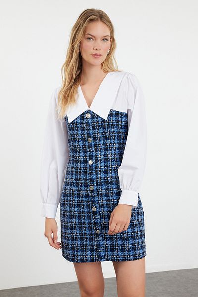 Trendyol Collection Rochie în carouri cu imprimeu albastru în carouri - TWOAW23EL00701