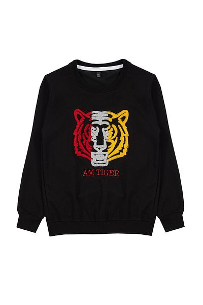 TRENDYOLKIDS Boy's Black Seasonal Sweatshirt - Thin Tiger Pattern, Crew Neck Tkdaw25sw00007