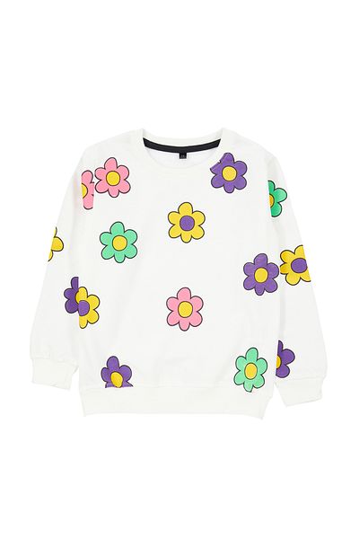 Trendyol Collection Girl's Ecru Seasonal Thin Floral Patterned Sweatshirt - Crew Neck Tkdaw25sw00008