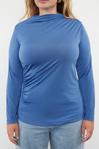 Trendyol Curve Indigó állógallér, húzózsinór részletes testhezálló kötött nagy méretű blúz TBBAW25AF00014