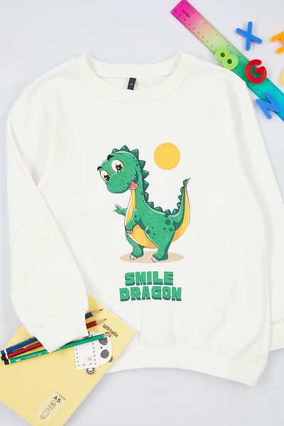 TRENDYOLKIDS Boy's Ecru Seasonal Sweatshirt - Thin Dinosaur Pattern, Crew Neck Tkdaw25sw00005