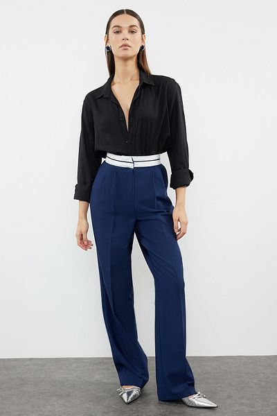 Trendyol Collection Magas derekú öv sötétkék széles szárú szőtt nadrág - TWOSS23PL00150