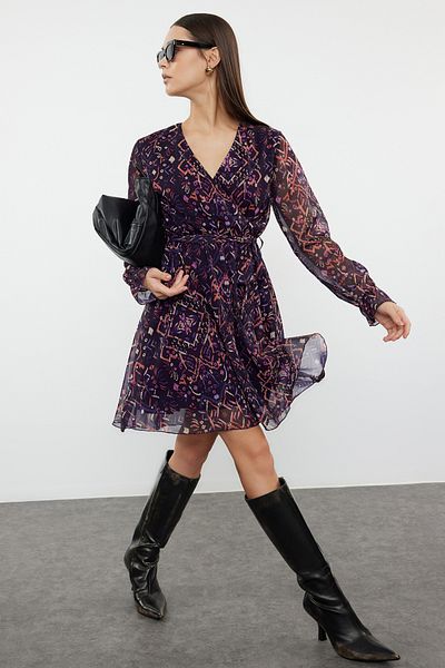 Trendyol Collection Orange Animal Belted Mini Lined Floral Print Woven Dress Twoaw20El1628