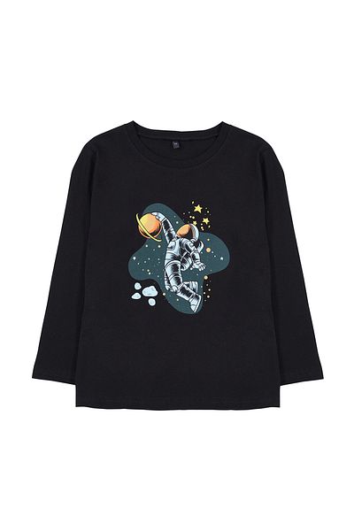 TRENDYOLKIDS Chlapecké černé bavlněné tričko s vesmírným vzorem - Crew Neck Tkdaw25Ts00009