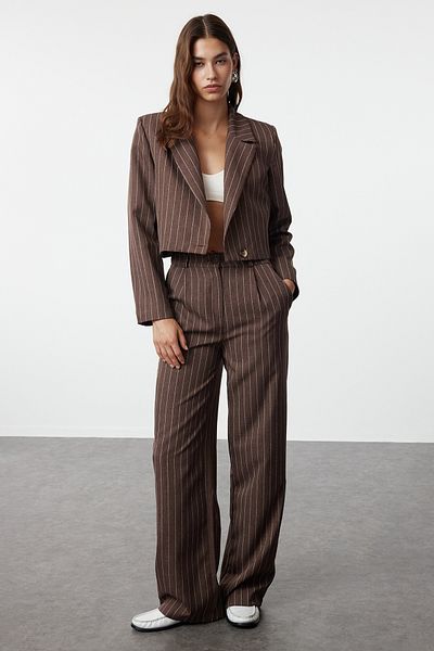 Trendyol Collection Brown Striped Regular Crop Blazer Jacket - TWOSS23BC00029
