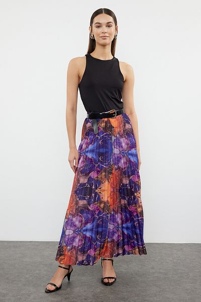 Trendyol Collection Stretchy Knitted Skirt - Multicolor and Pleated Print, TWOSS24ET00041