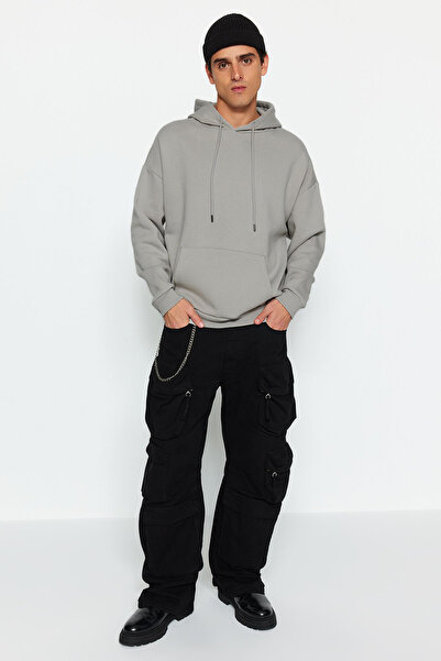 Trendyol Collection Prémiová šedá oversize mikina s kapucí – fleece/teplá TMNAW24SW00186
