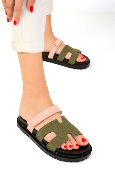SOHO Powder Colored Khaki Suede Women's Slippers - 19290