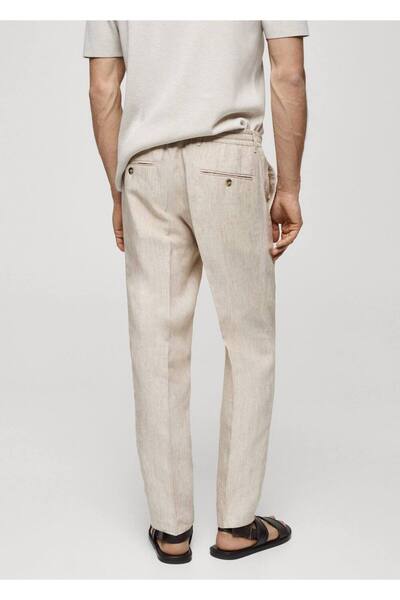 MANGO Man %100 Keten Dar Kesim Çizgili Pantolon