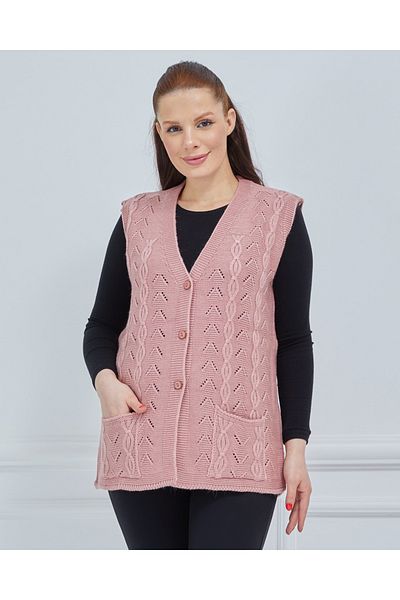 Stilmony Women's Powder Chain Knitted Pocket V-Neck Wool Mother Knitwear Vest