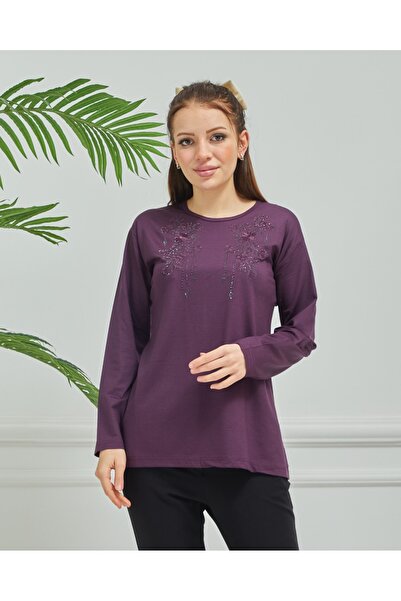 Stilmony Women's Mother Purple Embroidered Casual Middle Age Combed Cotton Blouse