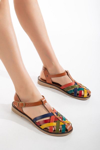 INF SHOES 205-02 Tan Multi Orthopedic Genuine Leather Women's Sandals