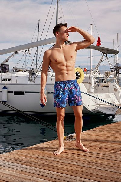 Doreanse Costum de baie pentru bărbați, cu buzunare, cu model albastru, 3819