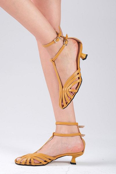 Mio Gusto Antonella Mustard Yellow - Low Heel Shoes with Ankle Strap