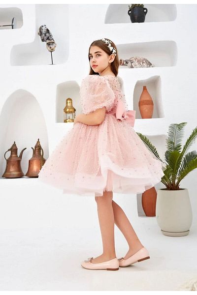 PİXİNADELUXE Pink Pearl Girl's Wedding Dress - Flight Flight