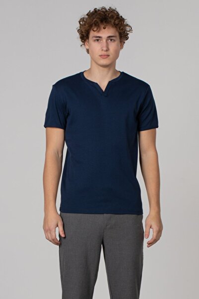 BARRELS AND OIL Collar Detail Ribbed T-Shirt - Indigo