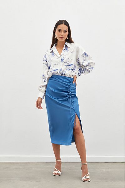 Sateen Satin Skirt with Shirring Detail - Indigo