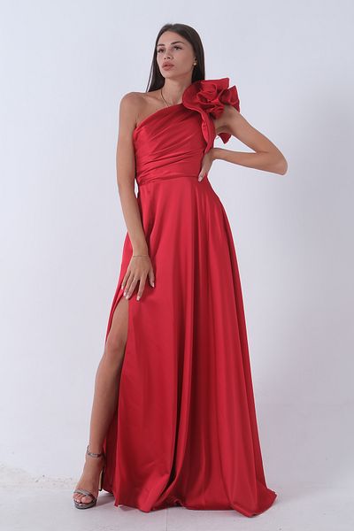 Feminist Red Satin Evening Dress - Shoulder Bow, Dress 1302192