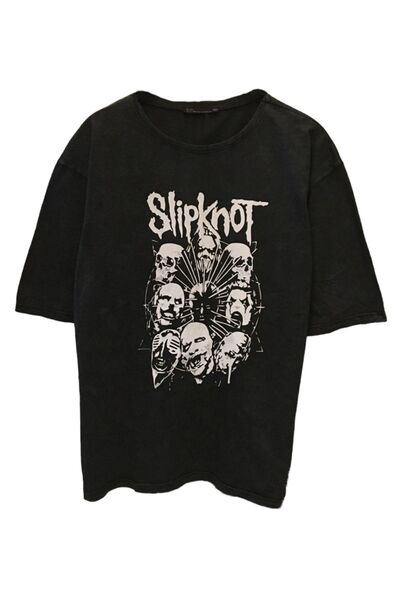 Olympus plus UNİSEX OVERSİZE YIKAMALI KUMAŞ ROCK MÜZİK SLİPKNOT BASKILI GRİ T...