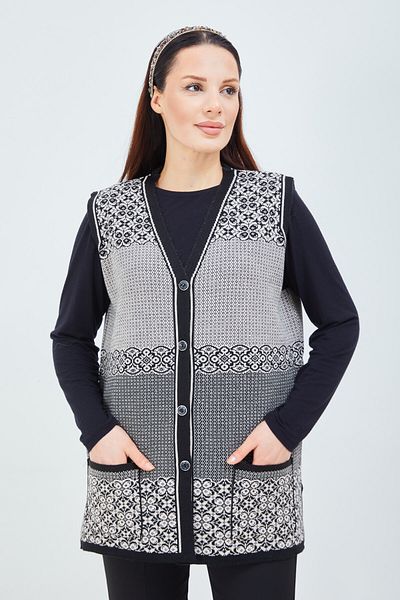 Stilmony Women's Black and White Patterned Buttoned Pocket Knitwear Vest