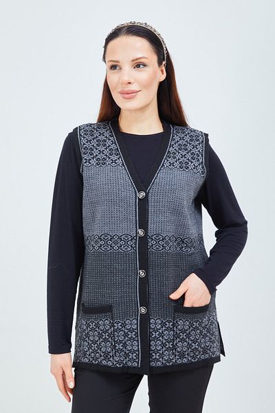 Stilmony Women's Black Patterned Buttoned Pocket Knitwear Vest