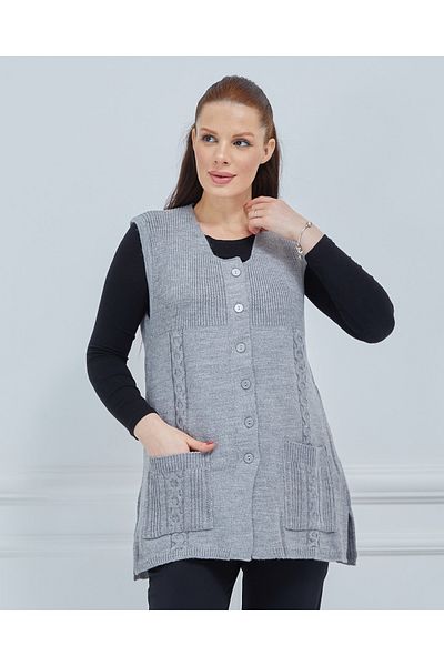 Stilmony Women's Gray Crew Neck Buttoned Winter Wool Knitwear Vest with Pockets