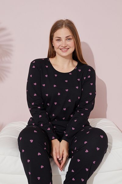 Siyah İnci Plus Size Lilac Heart Patterned Curve Cotton Pajamas Set