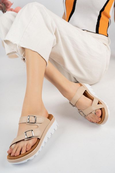 Demashoes Beige Flip Flops with Buckle