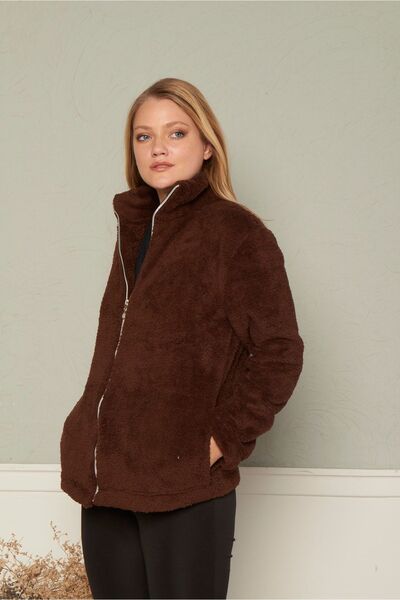 MyBen Kadın Kahverengi Dik Yaka Fermuar Kapamalı Peluşlu Mont Sngl1211