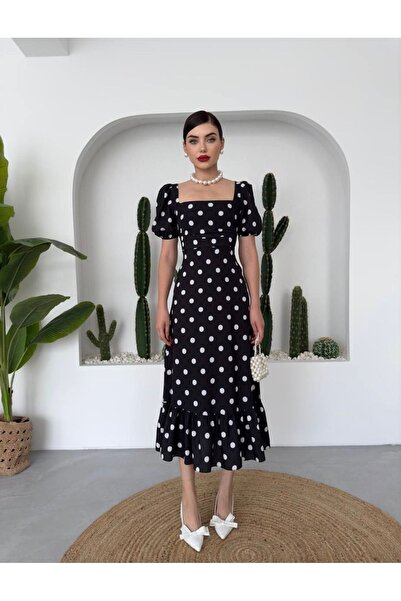 Afiş Butik Siyah Puantiyeli Kare Yaka Drapeli Astarlı Elbise