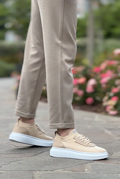 BOUIS Men's Cream Knitwear Lace-Up Orthopedic Style Shoes Daily Sports High Sole Stylish Comfortable Sneakers