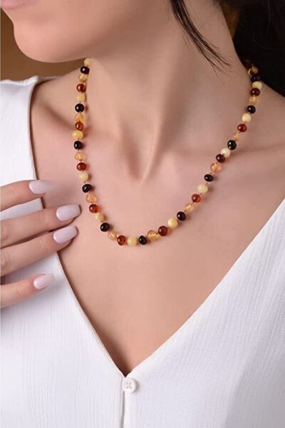 Amberistan Yetişkin Çok Renkli Kehribar Kolye - Sertifikalı, Orijinal 45cm - Yetişkin Baltık Kehribar Kolye