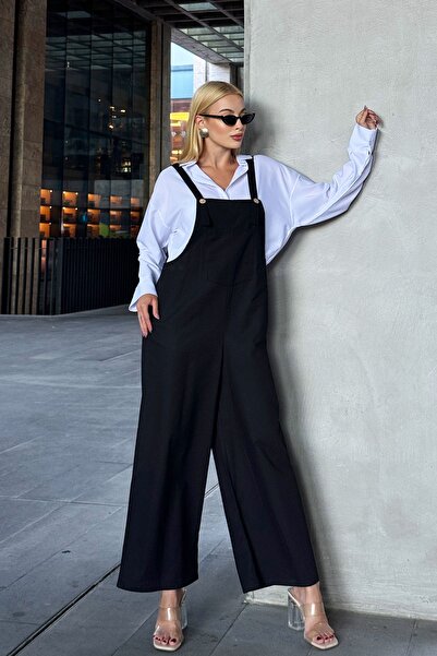 VAGGON Black Gabardine Jumpsuit - Pocket and Straps, Prm1005