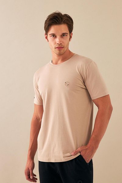 Escetic Μπεζ Slimfit Sports T-shirt - Αναπνεύσιμο, Βαμβακερό ύφασμα Modal, O-Neck T0083
