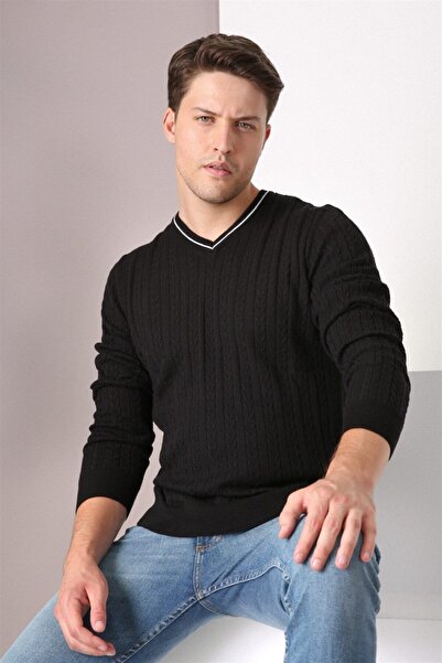 Ferraro Erkek  Siyah V Yaka Pamuk Kazak